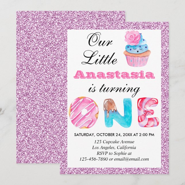 Little Cupcake Pink Lilac Glitter 1st Birthday One Invitation (Front/Back)