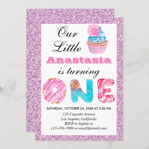 Little Cupcake Pink Lilac Glitter 1st Birthday One Invitation