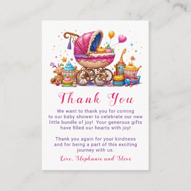 Little Cupcake Pink Stroller Baby Shower Thank You Enclosure Card (Front)