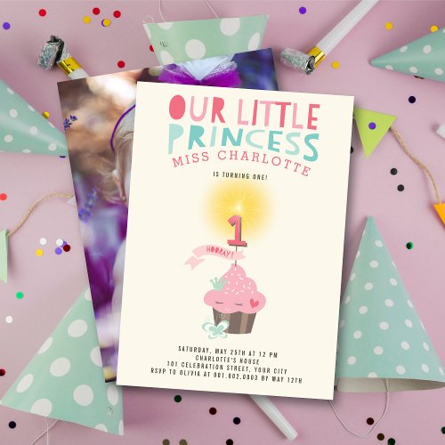 Little Cupcake Princess Girls 1st Birthday Party Invitation