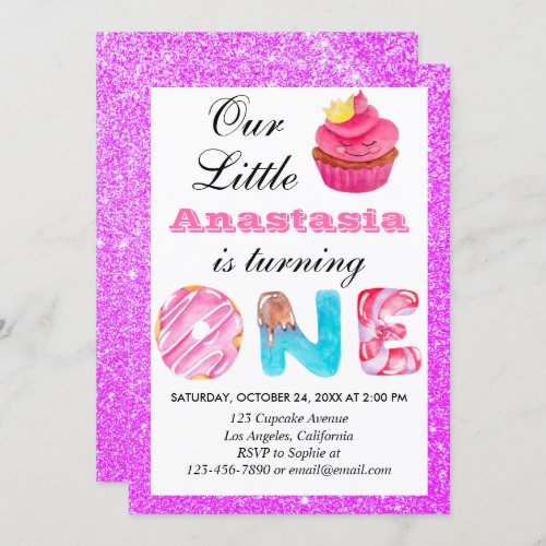 Little Cupcake Purple Glitter 1st Birthday One Invitation