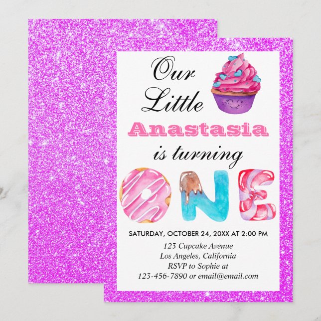Little Cupcake Purple Glitter 1st Birthday One Invitation (Front/Back)