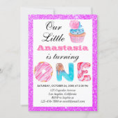 Little Cupcake Purple Glitter 1st Birthday One Invitation (Front)