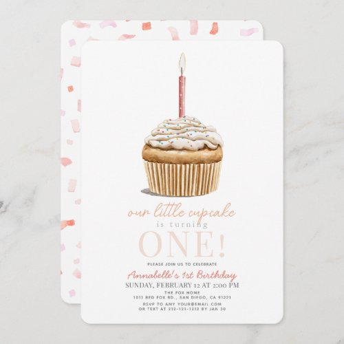 Little Cupcake Sprinkles Pink Girl 1st Birthday Invitation