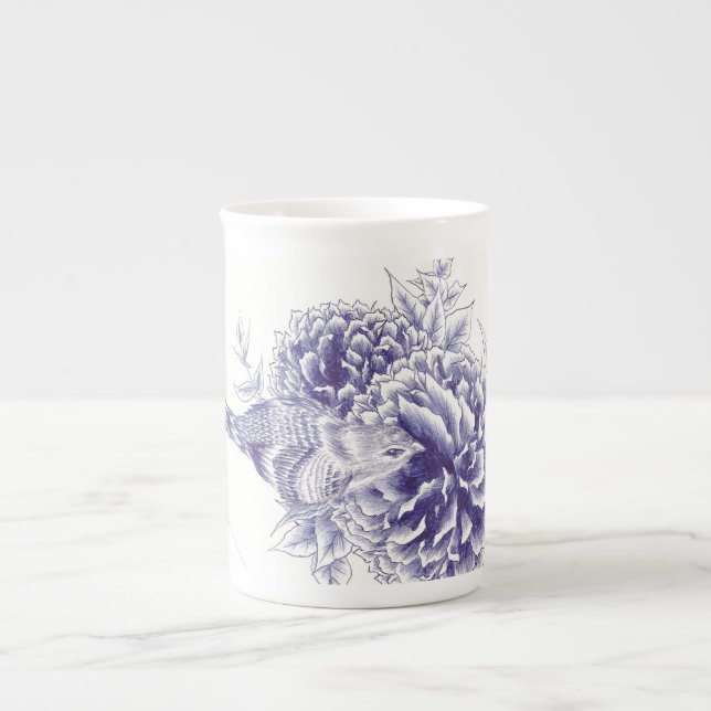 "Little Curiosity" Blue Bird and Peony Bone China Mug (Front)