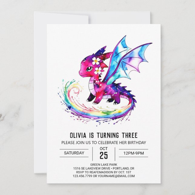 Little Custom Dragon Digital Girl Birthday Invitation (Front)