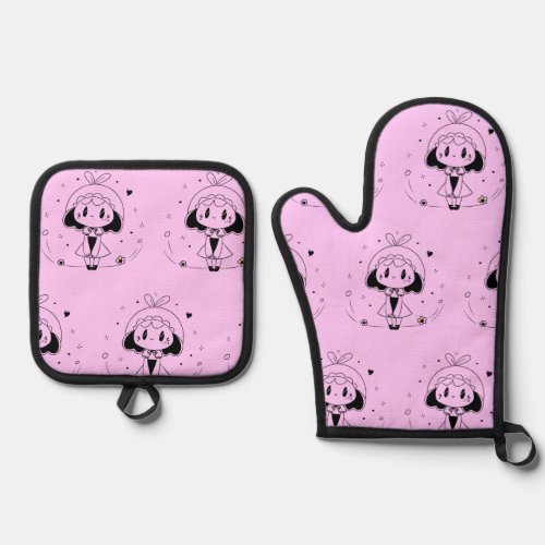 Little Cute Anime Girl Oven Mitt  Pot Holder Set