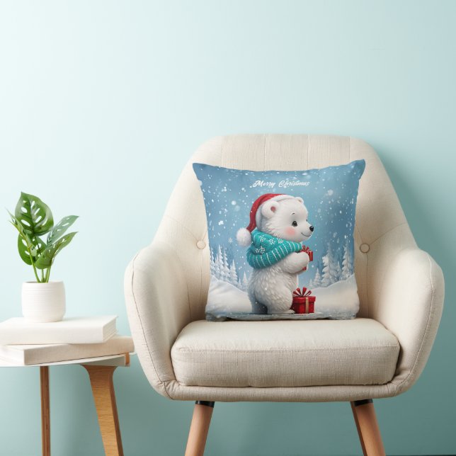 Little cute baby bear with Christmas hat  Throw Pillow (Chair)
