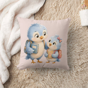 Little Cute Bird Brother Sister Throw Cushion