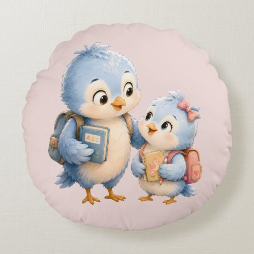 Little Cute Bird Siblings Round Throw Pillow