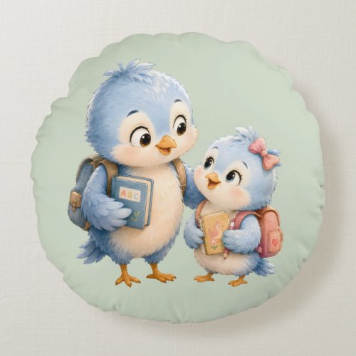 Little Cute Blue Bird Siblings Round Throw Pillow