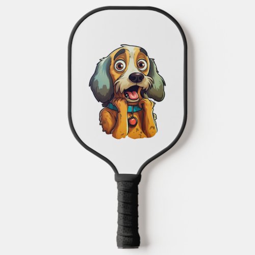 Little cute dog with big eyes and ears   pickleball paddle