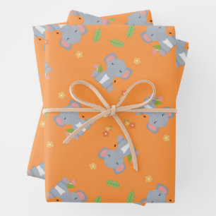 Little cute elephant with flowers orange wrapping paper sheets