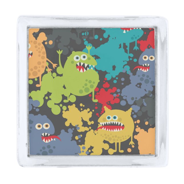 Little cute funny monsters silver finish lapel pin (Front)