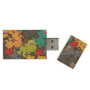 Little cute funny monsters wood flash drive