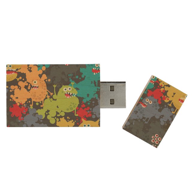 Little cute funny monsters wood flash drive (Opened)