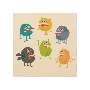 Little cute funny monsters wood wall art