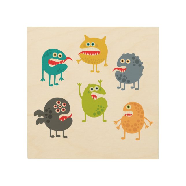 Little cute funny monsters wood wall art (Front)