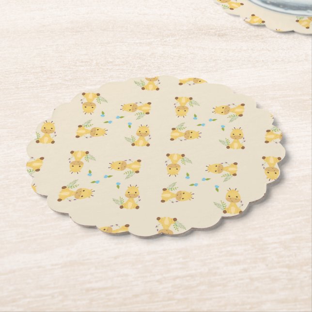 Little cute giraffe floral light brown paper coaster (Angled)