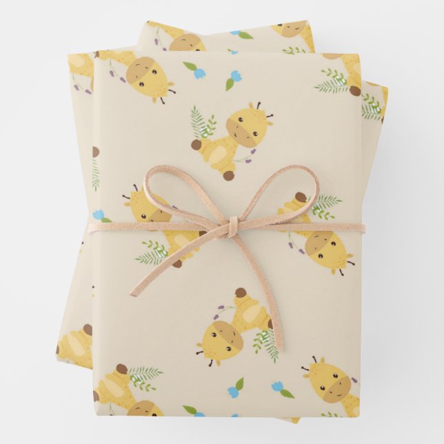 Little cute giraffe floral light brown wrapping paper sheets (In situ)