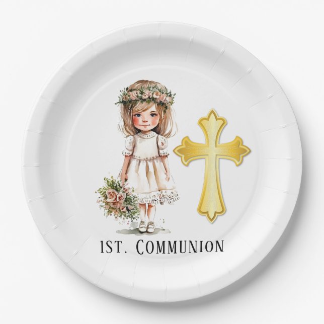 Little Cute Girl 1st Communion  Paper Plates (Front)