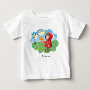 Little cute girl in a red coat collecting autumn l baby T-Shirt