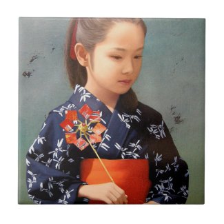 LIttle cute japanese girl kimono portrait painting Tile