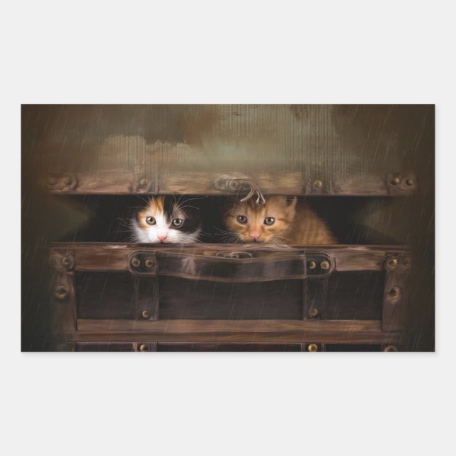 Little cute kitten in an old wooden case rectangular sticker (Front)