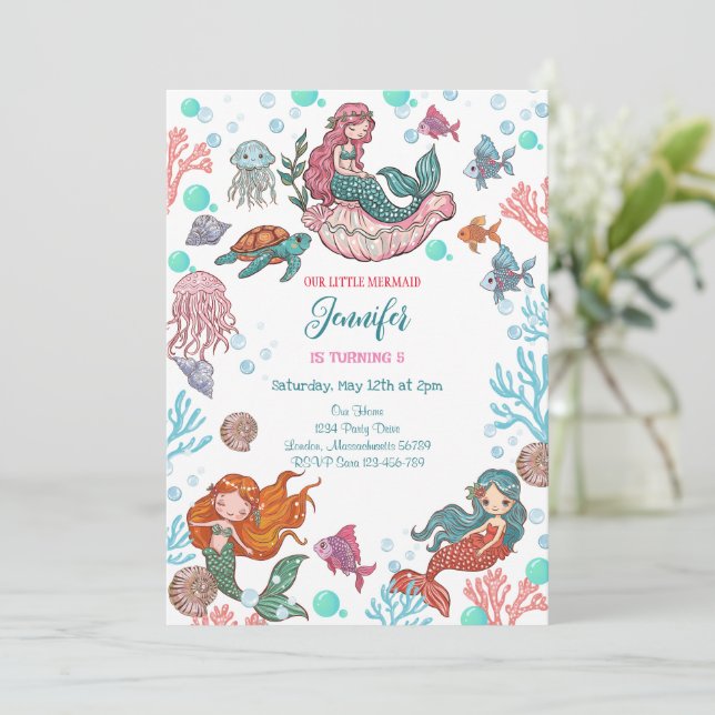 Little Cute Little Mermaids Birthday Invitation (Standing Front)