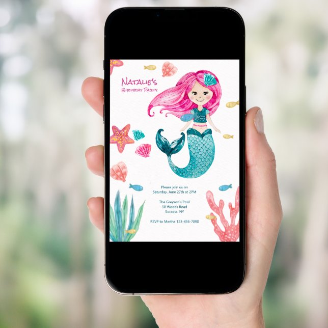 Little Cute Mermaid Birthday Party Invitation (Front Digital)