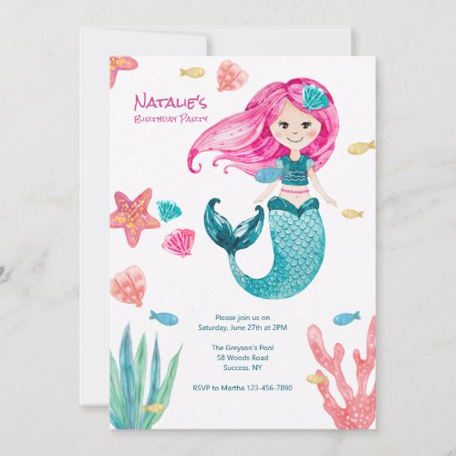 Little Cute Mermaid Birthday Party Invitation
