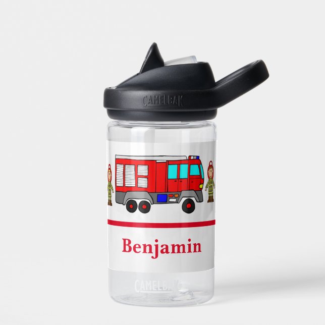 Little Cute Red Fire Engine & Fire Fighters Water Bottle (Left)