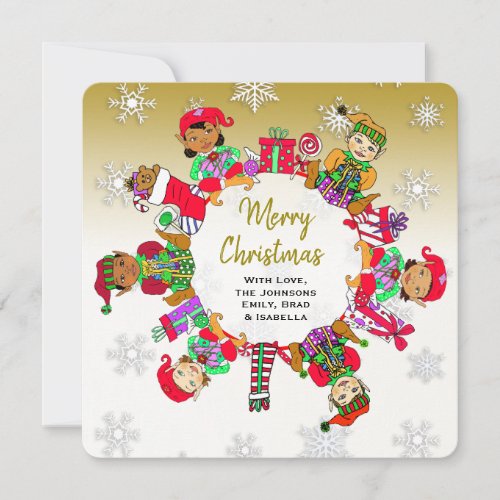 Little Cute Whimsical Elves and Candy Gold Card