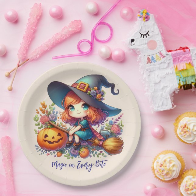 little cute witch dressed in blue, Halloween Paper Plates (Party)