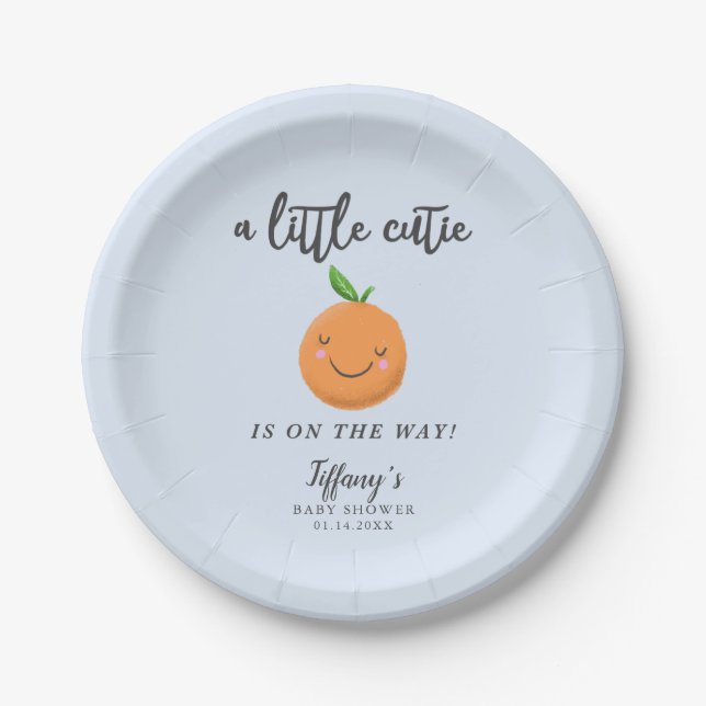 Little Cutie Baby Shower Blue Clementine Paper Plates (Front)