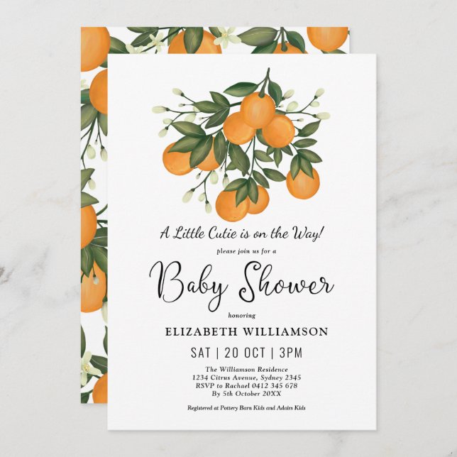 Little Cutie Botanical Citrus Oranges Baby Shower Invitation (Front/Back)