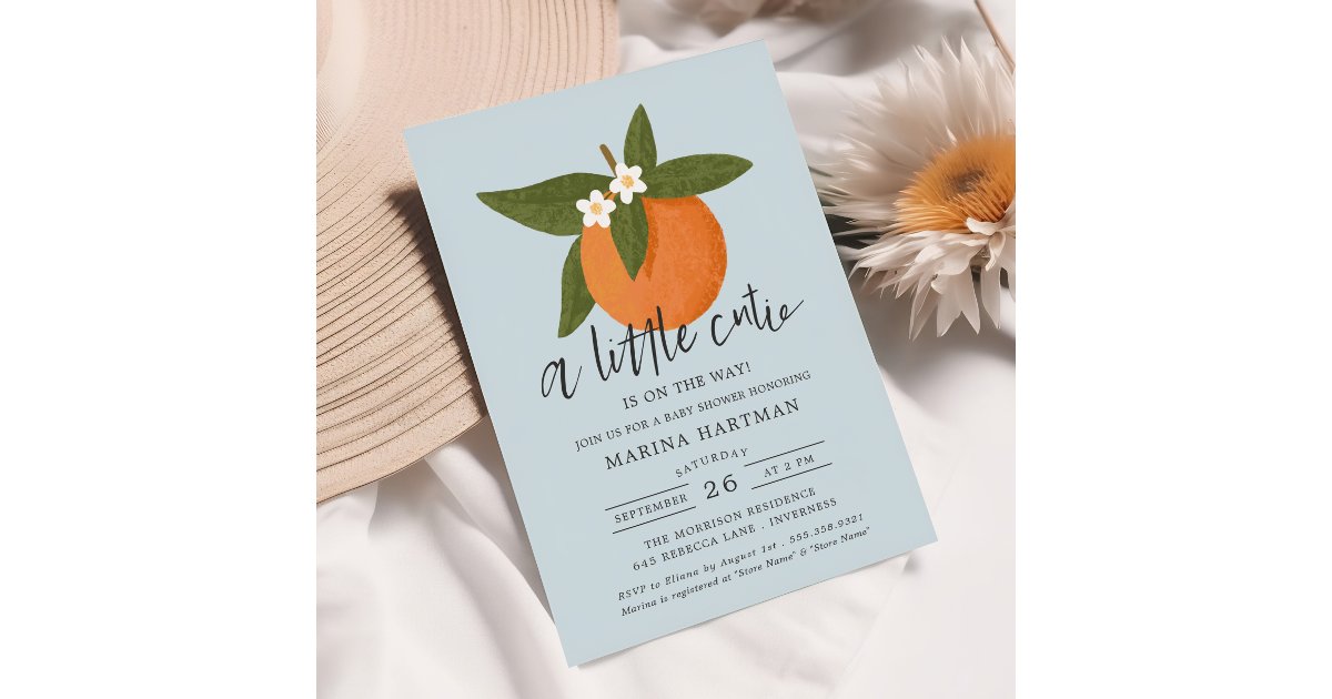 Little Cutie Citrus Blossoms Baby Shower Blue Invitation