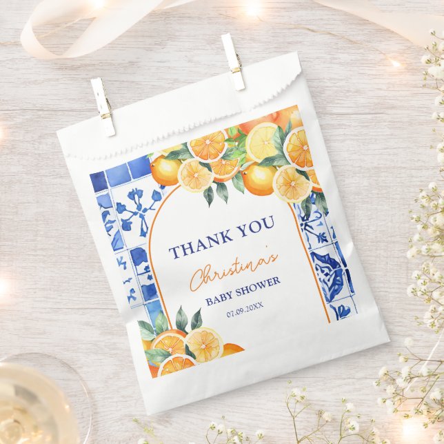 Little Cutie Citrus Blue Tiles Baby Shower Favor Bag (Clipped)