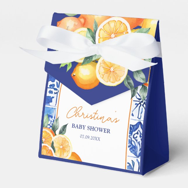 Little Cutie Citrus Blue Tiles Baby Shower Favor Boxes (Front Side)