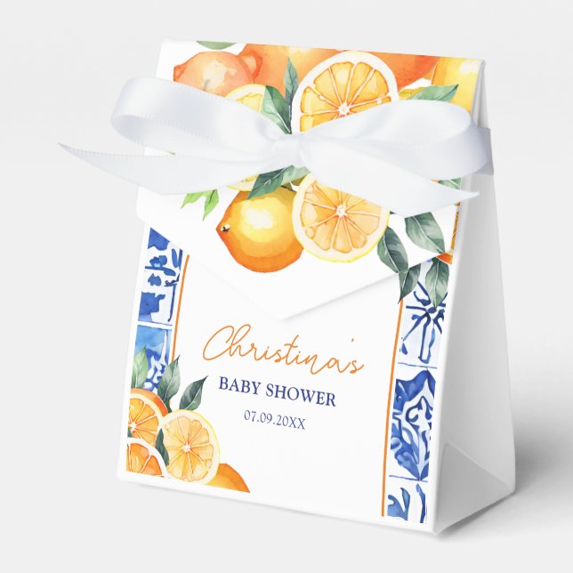 Little Cutie Citrus Blue Tiles Baby Shower Favor Boxes (Front Side)