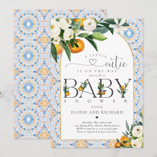 Little Cutie Citrus Botanical Orange Baby Shower Invitation (Front/Back)