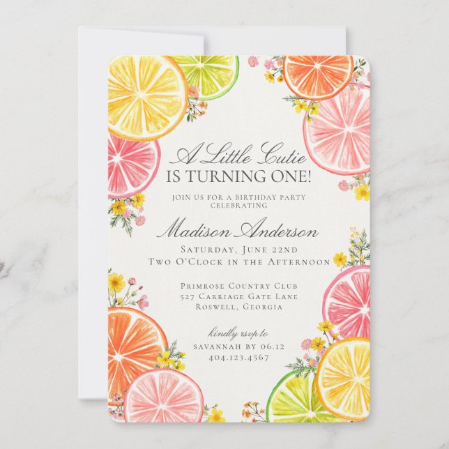 Little Cutie Citrus Floral Orange Birthday Party Invitation (Front)