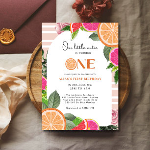 Little Cutie Citrus Fruits Floral 1st Birthday Invitation