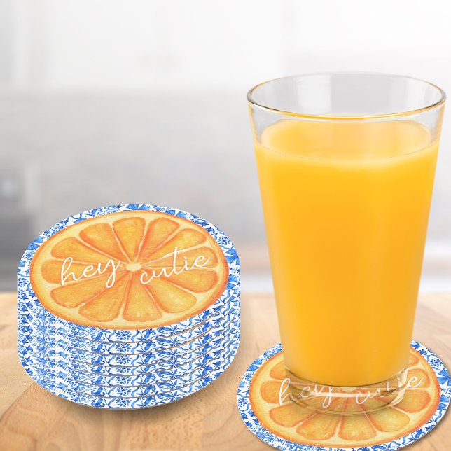 Little Cutie Citrus Orange Azulejo Baby Shower Round Paper Coaster (Little cutie - baby shower coasters)