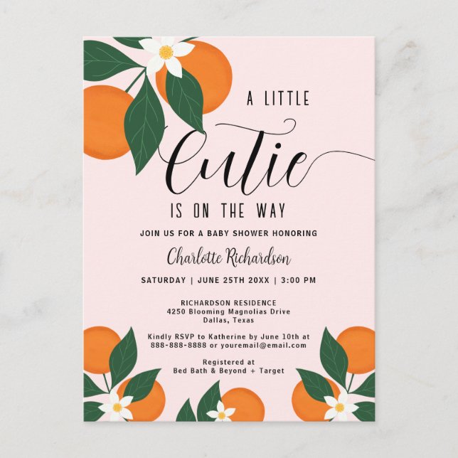 Little Cutie Citrus Orange Baby Shower Invitation Postcard (Front)