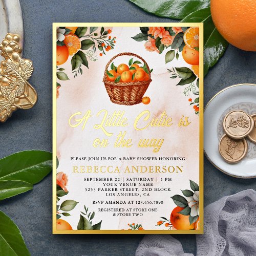 Little Cutie Citrus Orange Basket Baby Shower Foil Invitation