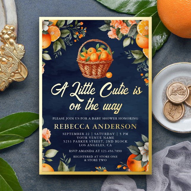 Little Cutie Citrus Orange Basket Navy Baby Shower Foil Invitation (Creator Uploaded)