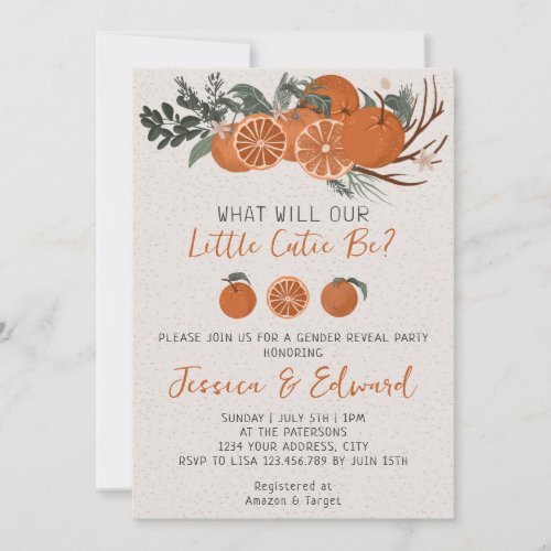 Little Cutie Citrus Orange Gender Reveal Party Invitation
