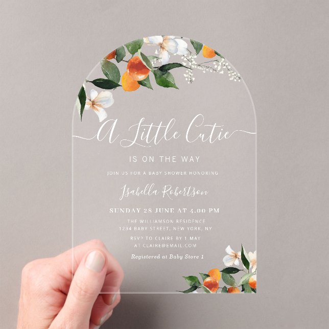 LITTLE CUTIE | citrus oranges baby shower Acrylic Invitations (Insitu (Handheld))
