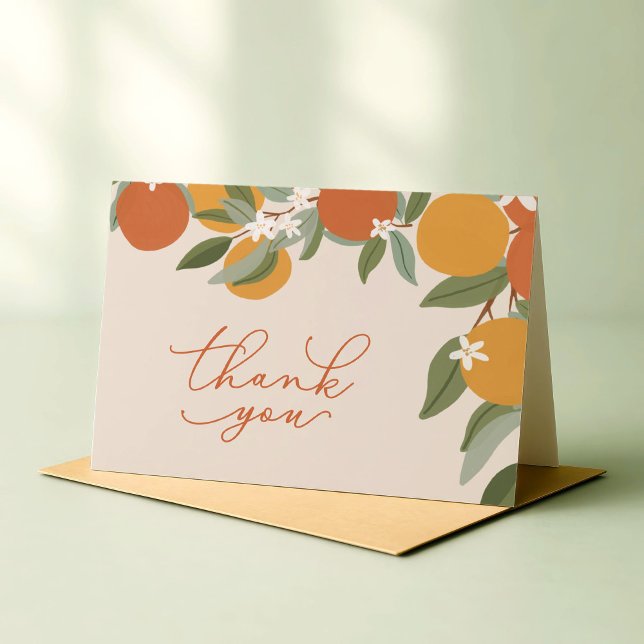 Little Cutie Citrus Oranges Baby Shower Thank You Card (thank you card with hand painted oranges for "a little cutie" baby shower)
